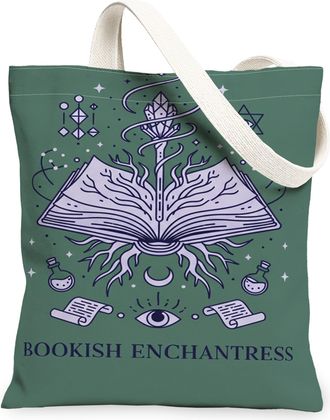 Generic Bookish Enchantress Canvas Tote Bag, Magical Book Design Reusable Grocery Bag, Lightweight Washable Shoulder Strap Canvas B, Green, 13x15 Inch