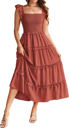 Grace Karin Summer Dresses for Women UK Boho Smocked A-Line Tiered Beach Dress Ruffle Sleeveless Maxi Dresses CLK028-10/Brick Red XXL