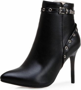 Generic Womens Ankle Boots with Pointed Toe & Stiletto Heel, Studded Buckle Detail Boots for Party & Evening Wear,Black,6.5 UK