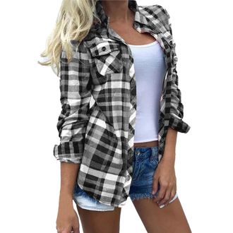 Generic Womens Long Sleeve Shirts with Checkered Pattern Women Fashion Lapel Digital Plaid Printed Multicolor Pocket Long Sleeves Button Cardigan Blouse Tops 
