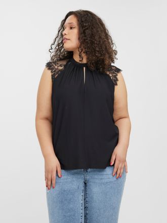 Vero Moda Curve Spitzenshirt VERO MODA CURVE VMMILLA SL LACE TOP NOOS CUR, Damen, Gr. S, schwarz, Jersey, Obermaterial: 95% Polyester, 5% Elasthan, unifarben, regular