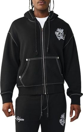 True Religion Crest Big T Boxy Zip-Up Hoodie in Jet Black at Nordstrom, Size Xxx-Large