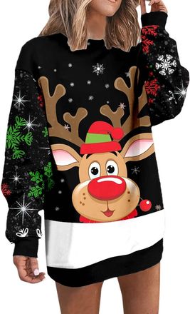 Generic Christmas Sweatshirt Dress for Women UK Long Oversized Crew Neck Long Sleeve Sweatshirt Wine Glass Print Jumper Dress for Women Casual Tops Pullover B