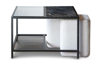 PIB Mesa de centro cuadrada de marmol negro con pufs grises