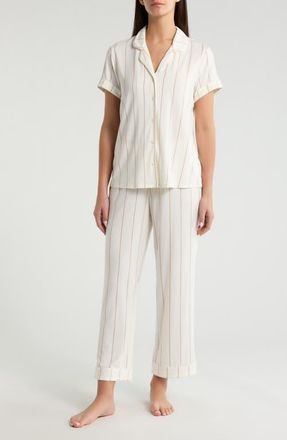 Nordstrom Moonlight Eco Crop Pajamas in Ivory- Tan Calm Pinstripe at Nordstrom, Size X-Large