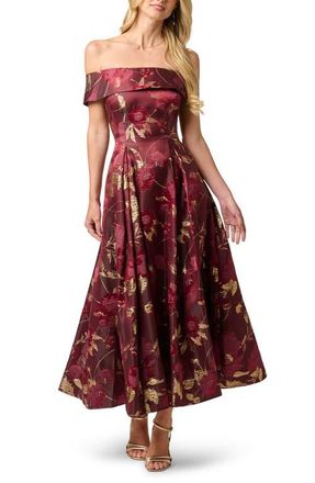 Adrianna Papell Off the Shoulder Fit & Flare Cocktail Dress in Burgundy/gold at Nordstrom, Size 10