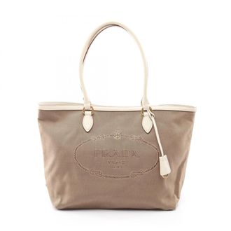 Prada Beige White Canvas Leather Handbag Tote Bag (Pre-Owned)