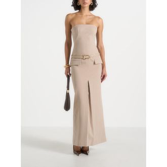 Mani&egrave;re De Voir Tabitha Tailored Bandeau Belted Maxi Dress in Beige at Nordstrom, Size 12