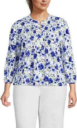 Lands End Lightweight Jersey Button Pintuck Top in Clear Blue Painted Blooms at Nordstrom, Size 3X