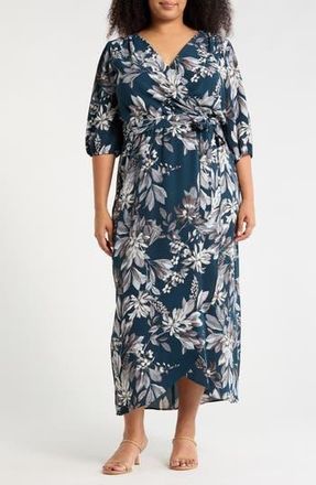 Connected Floral Puff Sleeve Wrap Midi Dress in Dark Mallard at Nordstrom Rack, Size 14W