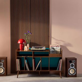 Sweeek Mueble para vinilos xl vintage bicolor efecto madera y fondo color