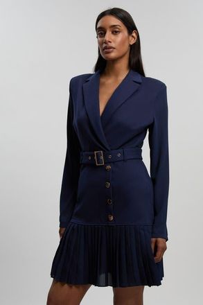 Karen Millen Pleated Skirt Collared Mini Dress in Navy at Nordstrom, Size Medium