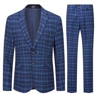 AlltheMen Mens Suit 2 Piece Plaid Tuxedo Checked Suit Single Breasted Slim Fit Two Buttons Business Wedding Blue XXL