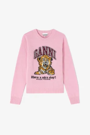 Ganni Pink Graphic Wool Sweater - Size XXS Recycled