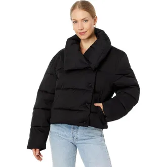 Avec Les Filles Puffer Jacket Womens Black Envelope Collar Cropped JZZ 7