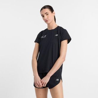 New Balance Womens London Edition Race Day Ultra Light T-Shirt in Black Poly Knit, size Medium