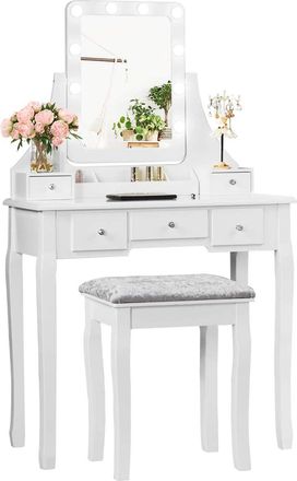 Costway Costway - Tocador Con Taburete Y 5 Cajones Mesa De Maquillaje Con Espejo Giratorio 360 &deg; Y 10 Led Bombillas (blanco)