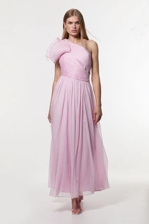 Karen Millen Womens Digital Ophelia Crinkle Georgette Fine Pleated One Shoulder Woven Maxi Dress - Pink - Size 16 UK