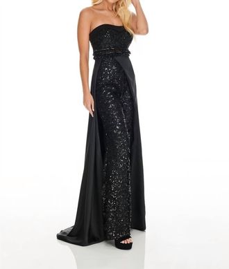 Rachel Allan Strapless Lace Jumpsuit With Satin Overskirt In Black