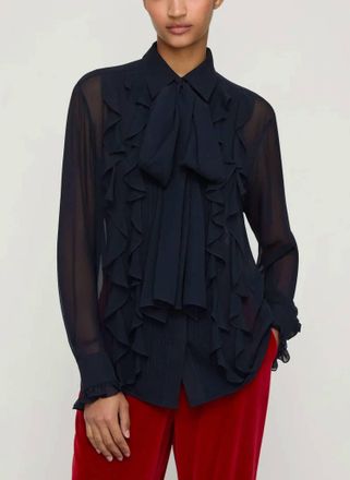 Lafayette 148 New York Silk Georgette Ruffle Bow Blouse In Ink
