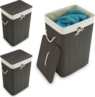 Relaxdays Relaxdays - Set 3x Bamboo Laundry Basket, with Lid, Rectangular, xl, 83L, Foldable Bin, hwd: 65.5 x 43.5 x 33.5cm, Black