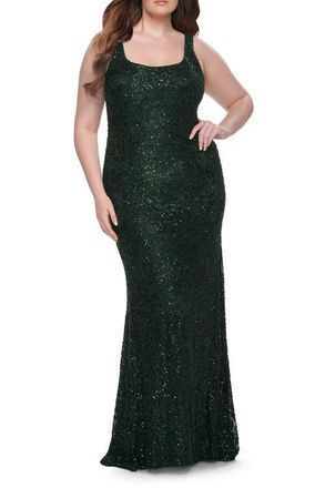 La Femme Beaded Lace Plus Size Fitted Dress with Square Neckline in Emerald at Nordstrom, Size 14W