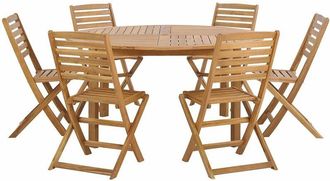Beliani Set da Giardino Tavolo Rotondo e 6 Sedie Legno di Acacia Chiaro Pieghevoli Tolve