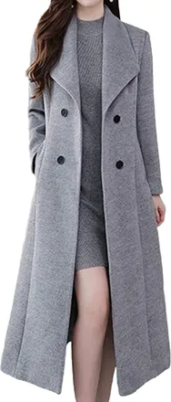 Generic Womens Fall Winter Long Wool Pea Coats Double Breasted Notched Lapel Trench Coat for Women Elegant Slim Overcoat, Grey, M