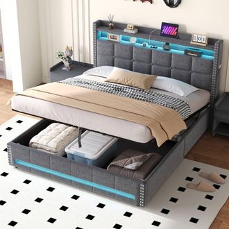 Merax Grey Upholstered Bed with Hydraulic Storage, LED, Charging Station | Size: King
