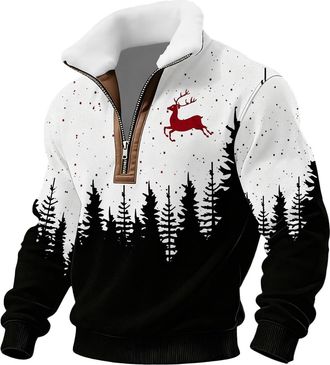 Generic Quarter Zip Pullover Men Zipper Mens Christmas Jumpers Long Sleeve Sweatshirts Reindeer Snowflakes Printed Winter Sweaters Holiday Party Mens Jumpers 