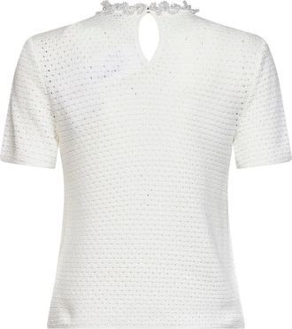 Self Portrait Womens Openwork Knit Top With Beaded Embroidery White Cotton Sweater