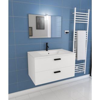 Aurlane Mueble de baño 80 cm 2 cajones BIanco - Lavabo blanco, Espejo y Aplique Led - box led