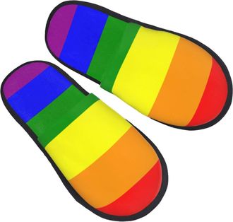 Generic Fuzzy Slippers Rainbow Flag Warm Camping Slippers Cozy Anti-Slide Slipper For Winter Indoor Spa M