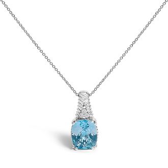 House of Brilliance 925 Sterling Silver Blue Topaz and Diamond Accent Textured Pendant Necklace