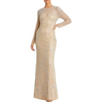 Mac Duggal Long Sleeve Embellished Evening Gown in Nude Silver at Nordstrom, Size 12