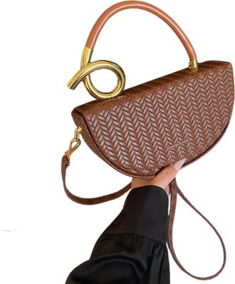 Generic Womens Woven Handbag with Gold Ring Handle, Red and Black Available (Brown)