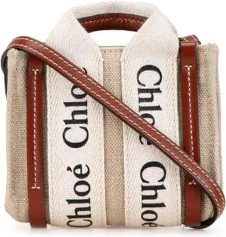 Chlo&eacute; Pre-owned Mini Bags, female, Beige, Size: ONE SIZE Pre-owned Woody Nano Canvas Leather Handbag