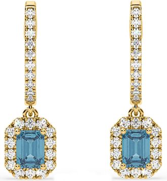 The Diamond Store Annabelle Blue Lab Diamond 1.48ct Emerald Cut Halo Earrings in 18K Yellow Gold - Elara Collection