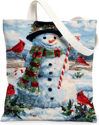 Generic Winter Snow Man Canvas Tote Bags, Holiday Art Design Reusable Grocery Bags, Festive Vintage Lightweight Washable Shoulder Strap Canvas for Travel Outd