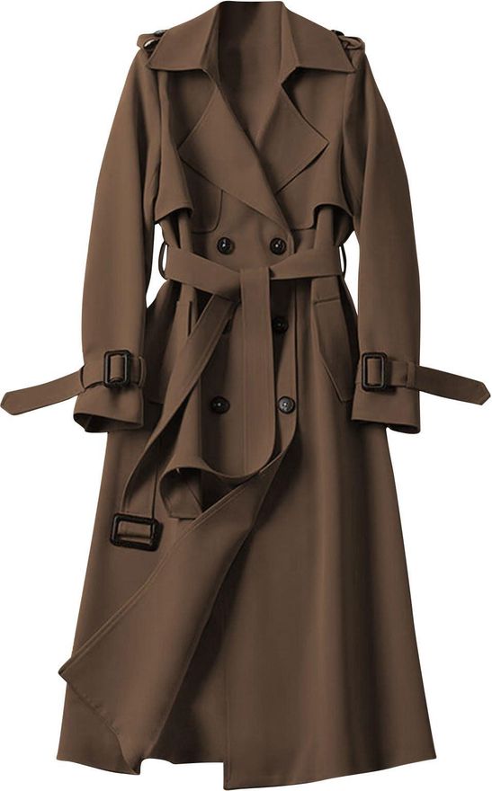 Womens Long Trench Coat Double Breasted Pea Coat Elegent Business Smart Trench Jacket with Belted Ladies Coat Outerwear Mid-Length Peacoats Stylish Lo