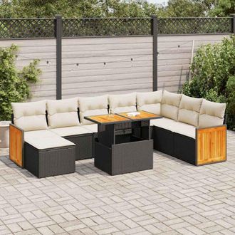 vidaXL Set Sof&aacute;s Jard&iacute;n Y Cojines 9 Pzas Rat&aacute;n Sint&eacute;tico Acacia Negro Vidaxl