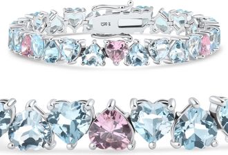 Pompeii3 34.43Ct Heart Shape Pink & Blue Topaz Tennis Bracelet 14k White Gold 23.51grams
