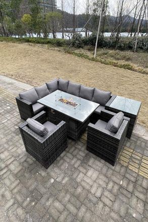 Fimous Outdoor Rattan Garden Corner Furniture Gas Fire Pit Dining Table Heater Sets Lounge 8 Seater in Dark Grey