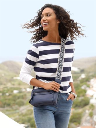 Heine Langarmshirt HEINE Shirt, Damen, Gr. 36, blau (ecru, marine, geringelt), 100% Baumwolle, bedruckt, gemustert, gestreift, mehrfarbig, U-Boot-Ausschnitt