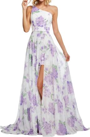 Sherri Hill Chiffon A-Line Floral Print Gown In Ivory Lilac