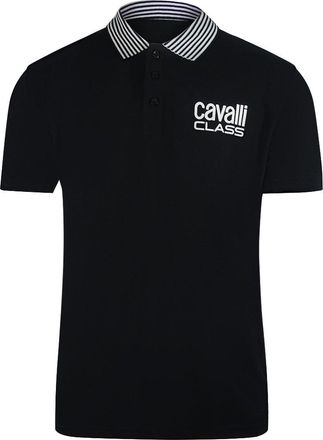 Cavalli Mens Striped Collar Black Polo Shirt Cotton - Size X-Large