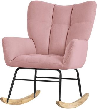 ML Design Poltrona a Dondolo per Salotto Sedia Confortevole Rosa Imbottita Poltroncina da Soggiorno con Braccioli e Schienale Alto Rilassante Base in Legno