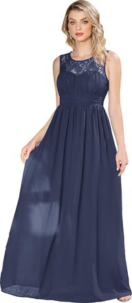 MisShow Wedding Guest Dress for Mother Elegant Chiffon A line Lace Sleeveless Round Neck Appliques Maxi Evening Dress Navy Blue XXXL