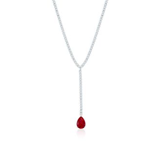 Suzy Levian Sterling Silver Gala Red Pear-Cut & White Cubic Zirconia Lariat Tennis Necklace