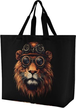 Generic Steampunk And Lion Large Reusable Shopping Bag Lightweight Foldable Tote Bags Washable Shoulder Handbag